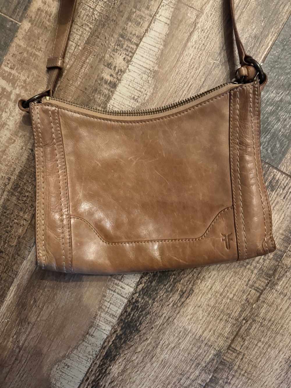 Frye Tan Leather Crossbody with Curved Top Zip